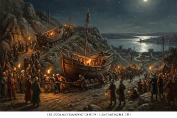 Ottoman soldiers dragging ships over hill into Golden Horn